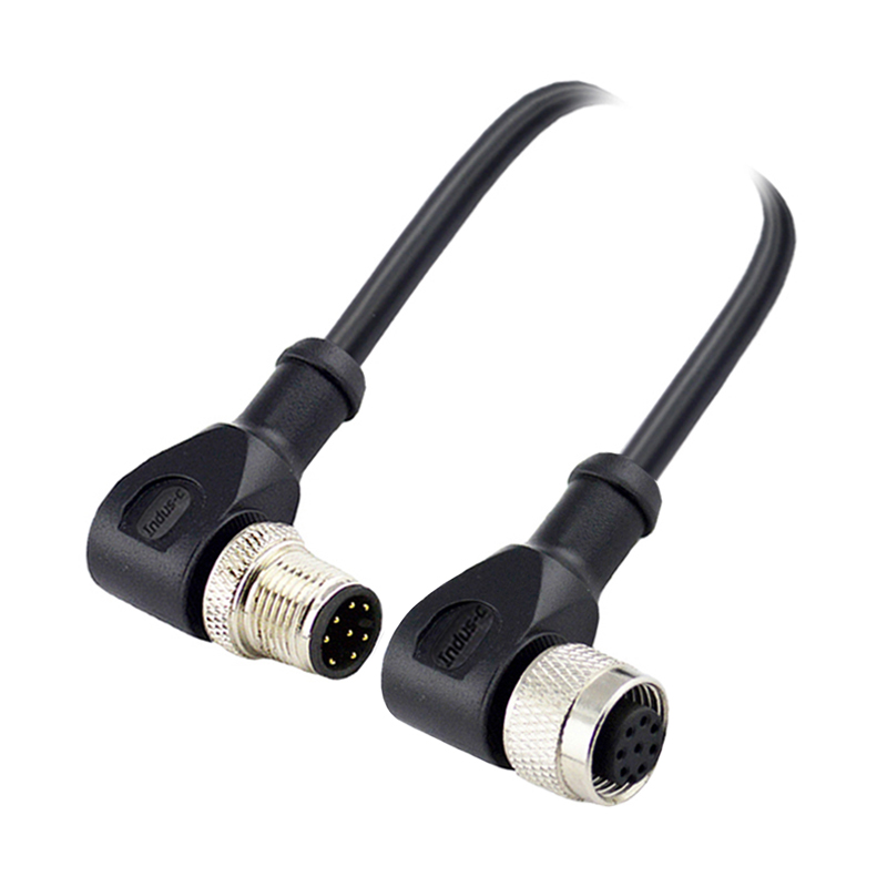 M12 8pins A code male right angle to female right angle molded cable,shielded,PUR,-40°C~+105°C,24AWG 0.25mm²,brass with nickel plated screw
